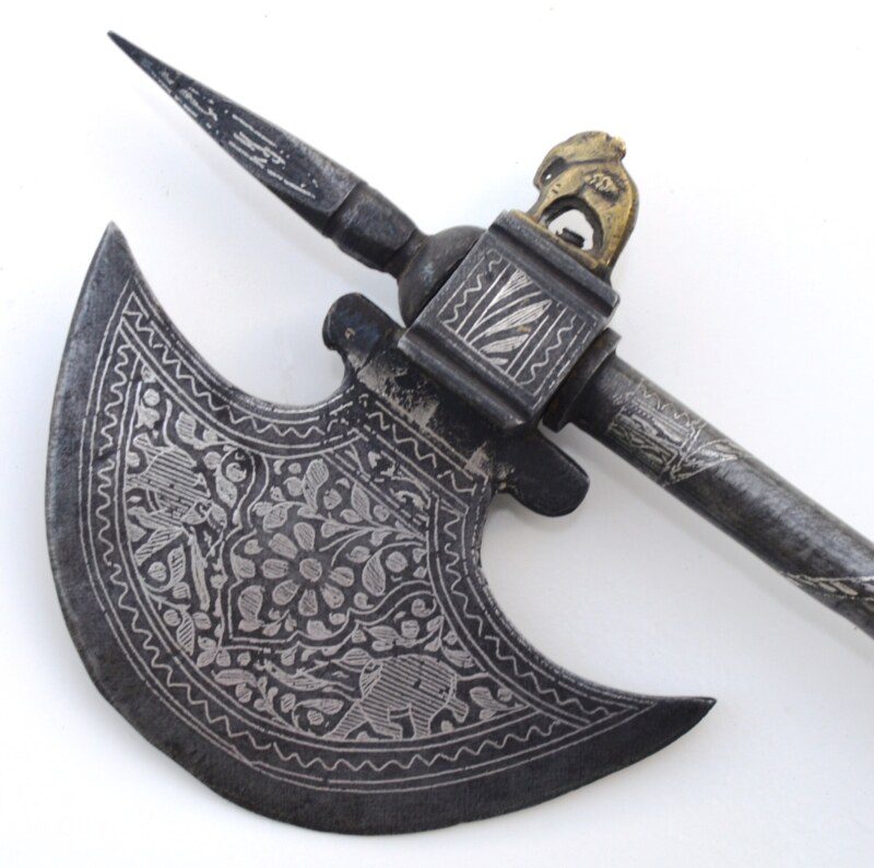 ﻿silver Damascened Combination Indo-persian Battle Axe Stiletto, 19th C 